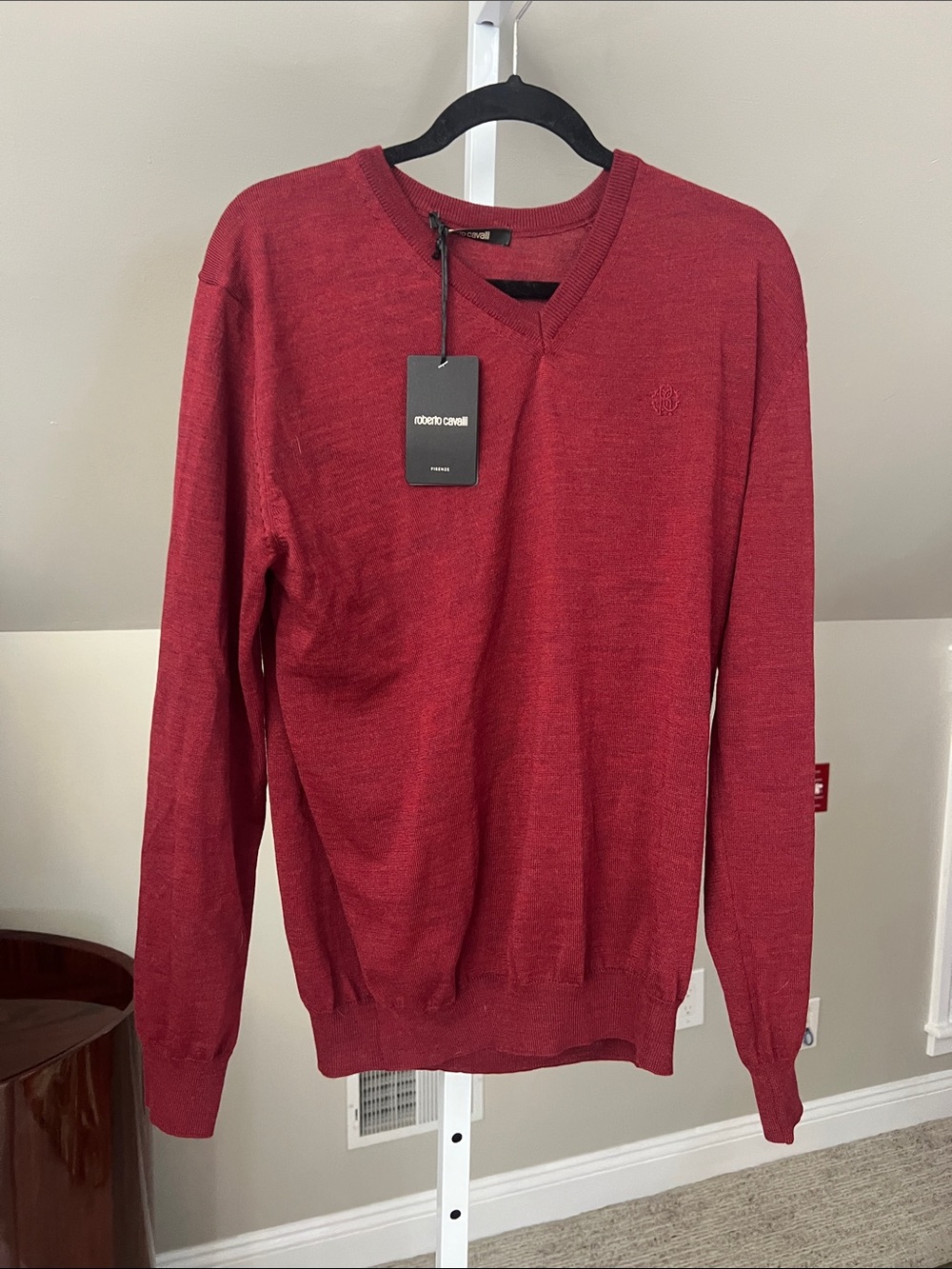 Roberto Cavalli Men's V-Neck Sweater in Deep Red